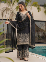 Incredible Black Embroidered Chinon Festival Wear Palazzo Suit