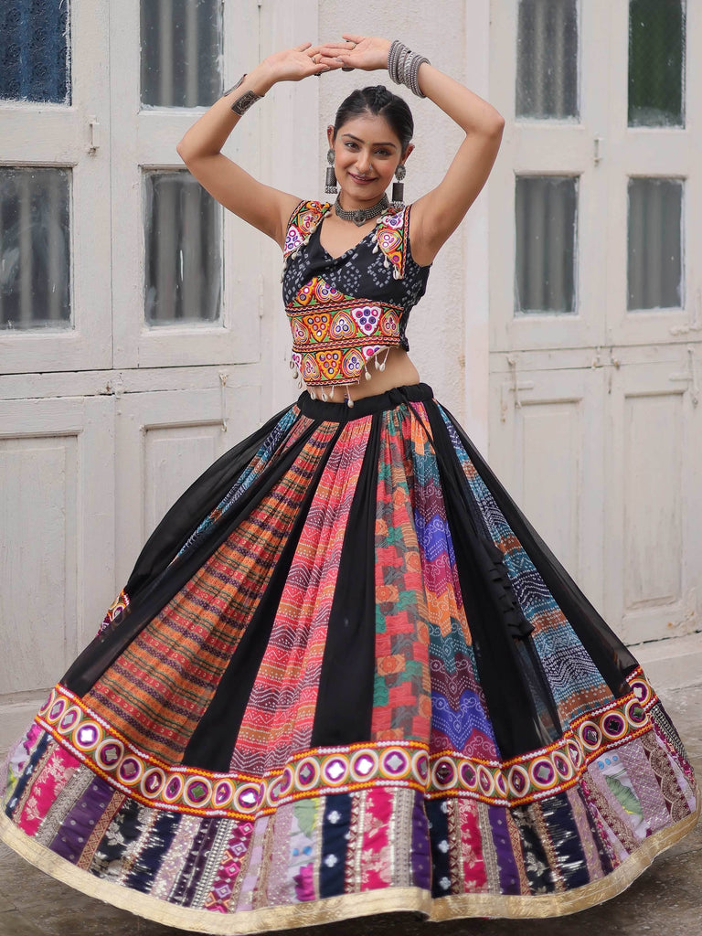 Woman in colorful Indian ethnic wear with embroidered lehenga choli, perfect for festive occasions