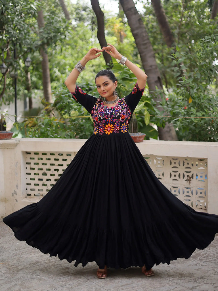 Wonderful Black Rayon Thread Embroidered Navratri Wear Gown