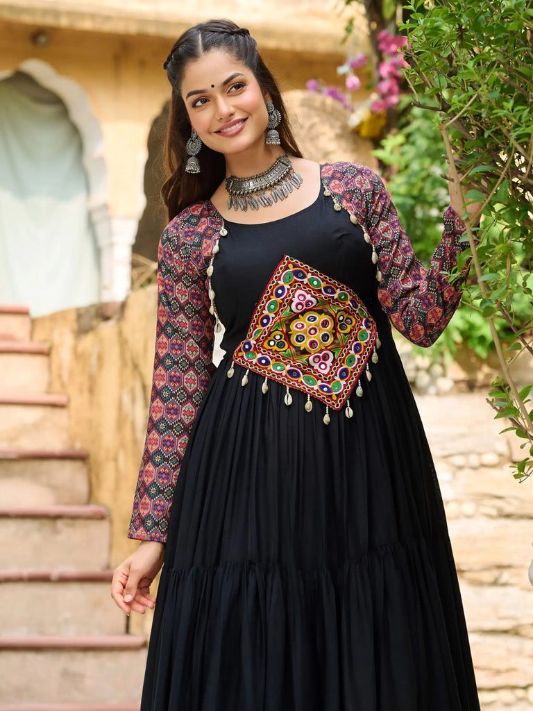 Intricate Black Georgette Printed Festival Wear Layered Gown