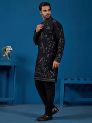 Stunning Black Thread Embroidered Silk Wedding Wear Men Kurta