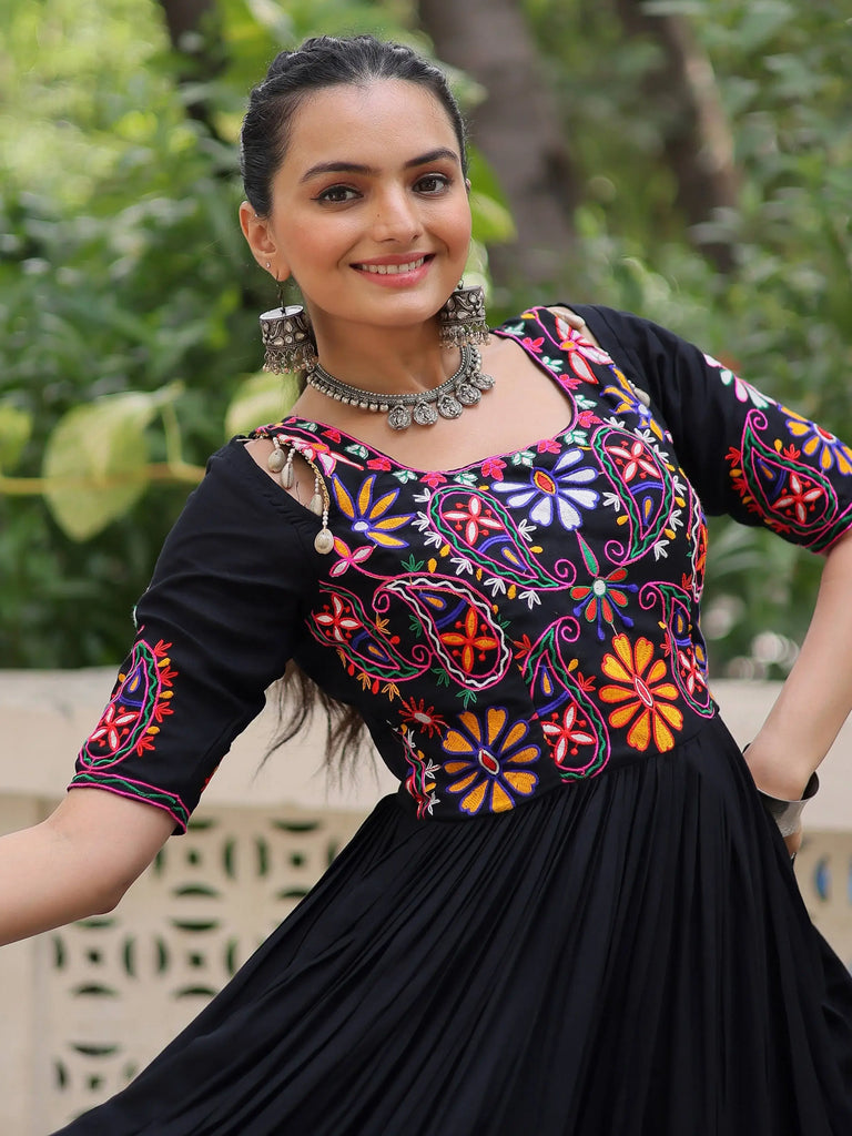 Wonderful Black Rayon Thread Embroidered Navratri Wear Gown