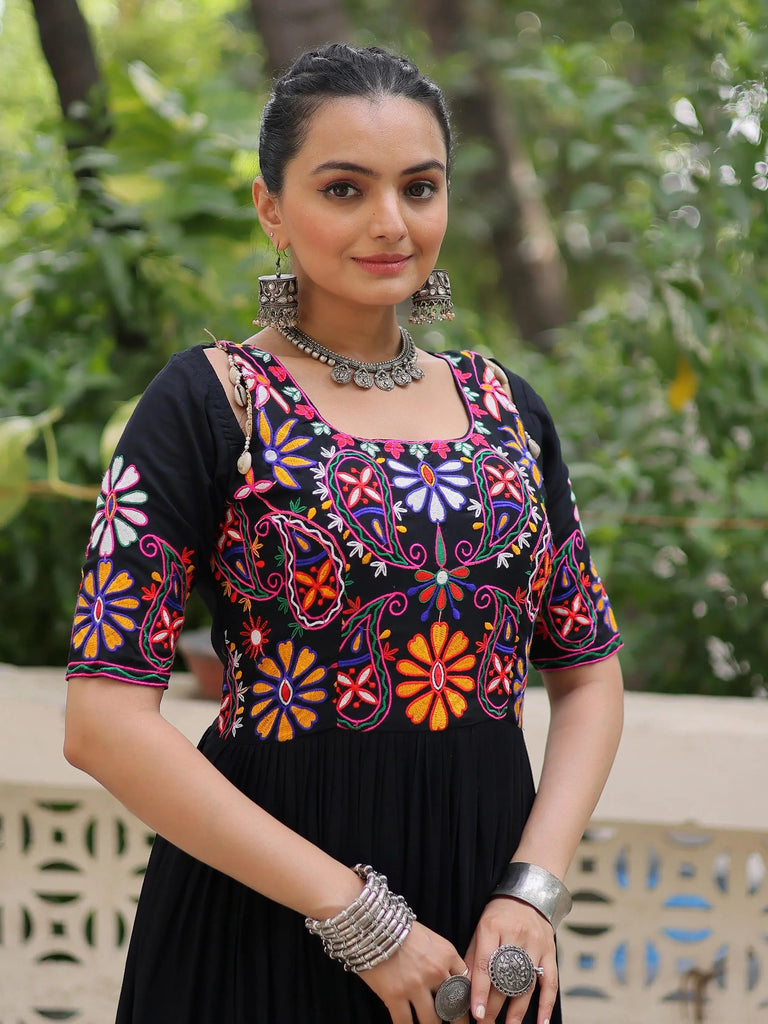 Wonderful Black Rayon Thread Embroidered Navratri Wear Gown