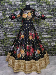 Black Floral Digital Printed Art Silk Bridal Lehenga Choli