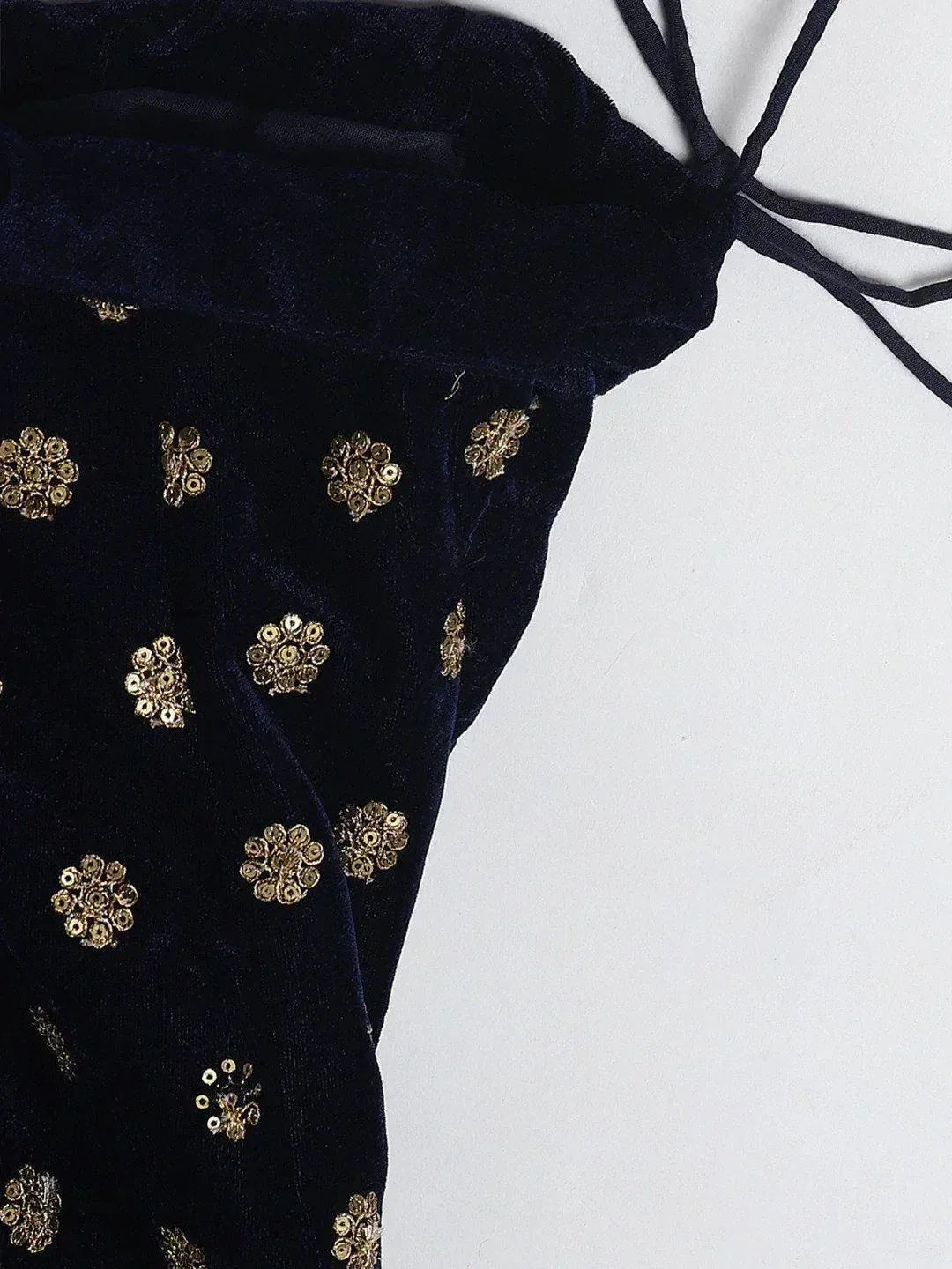 Navy velvet top with gold floral embroidery and tie-up straps, ethnic wear detail
