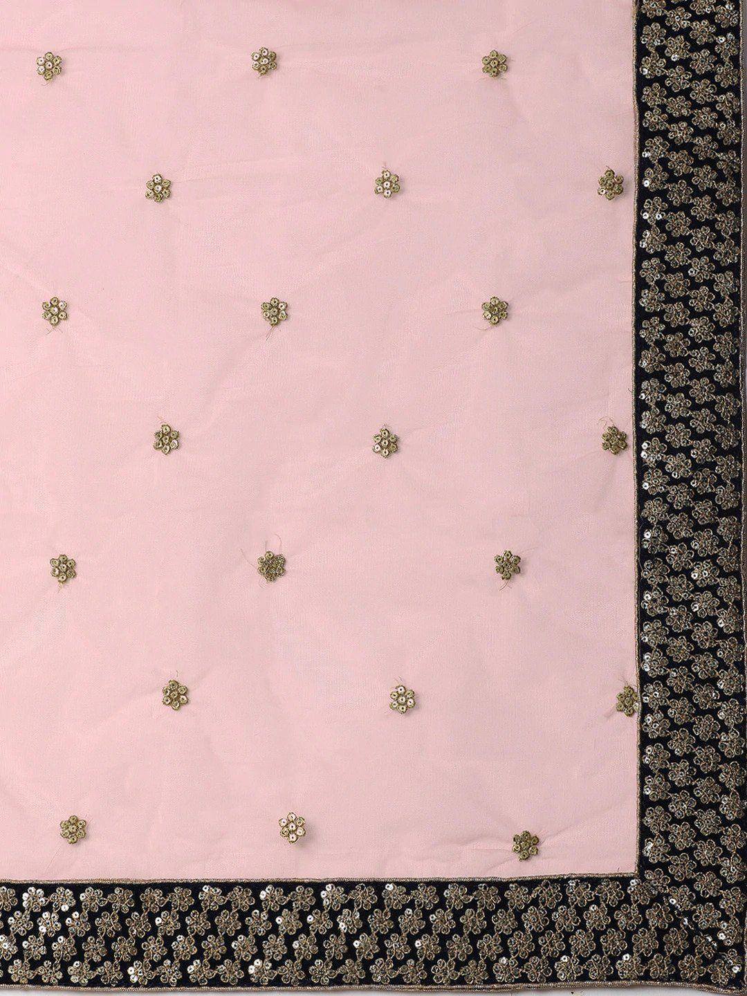 Pink ethnic dupatta with gold floral embroidery and black sequin border