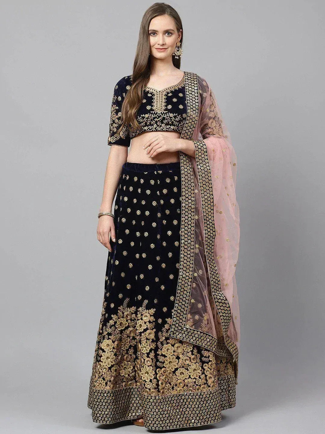 Navy blue velvet lehenga choli with gold embroidery and pink dupatta, Indian ethnic wear