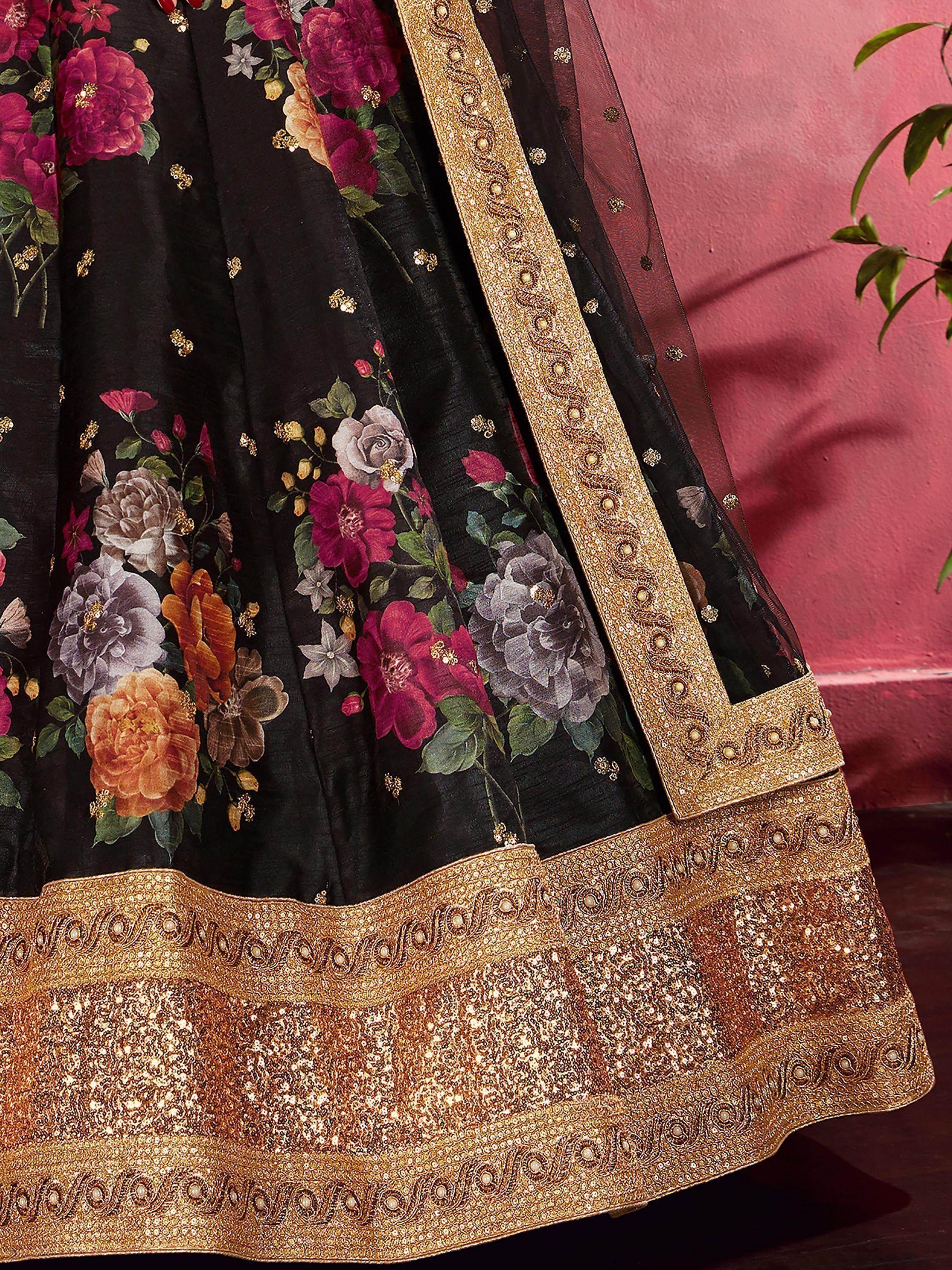 Black Floral Printed Banglori Silk Bridal Lehenga Choli With Dupatta
