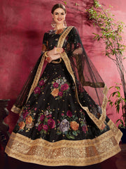Black Floral Printed Banglori Silk Bridal Lehenga Choli With Dupatta