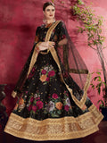 Black Floral Printed Banglori Silk Bridal Lehenga Choli With Dupatta