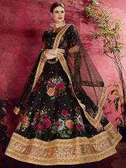 Black Floral Printed Banglori Silk Bridal Lehenga Choli With Dupatta