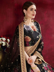 Black Floral Printed Banglori Silk Bridal Lehenga Choli With Dupatta