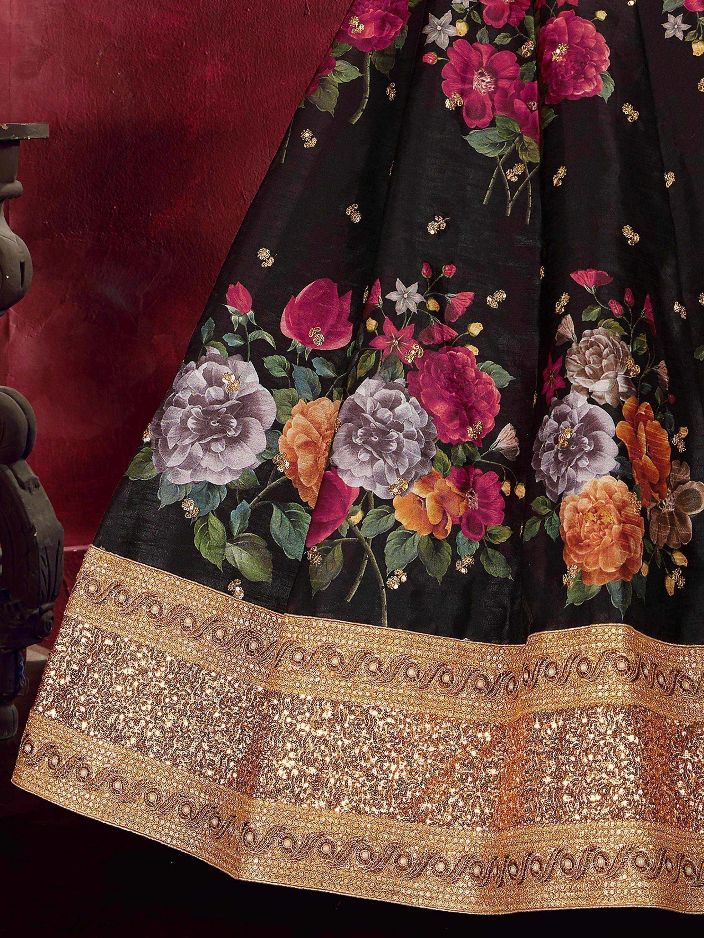 Black Floral Printed Banglori Silk Bridal Lehenga Choli With Dupatta