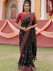 Stunning Black Kachhi Embroidery Silk Festival Panetar Saree With Blouse