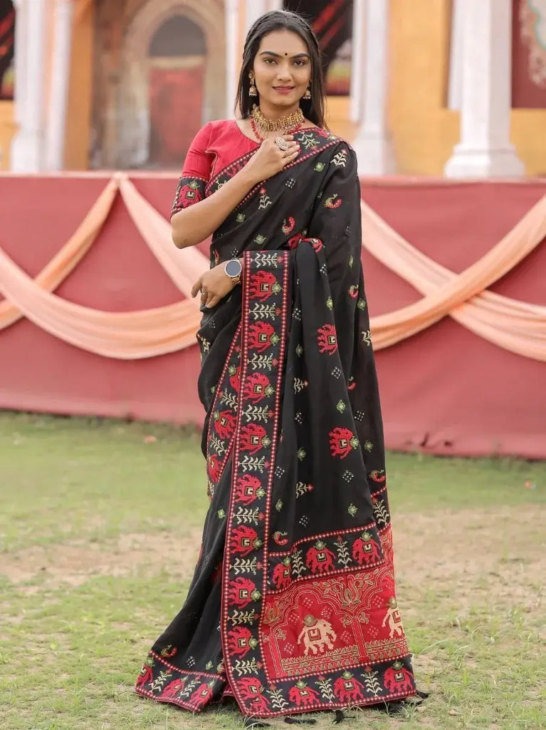 Stunning Black Kachhi Embroidery Silk Festival Panetar Saree With Blouse