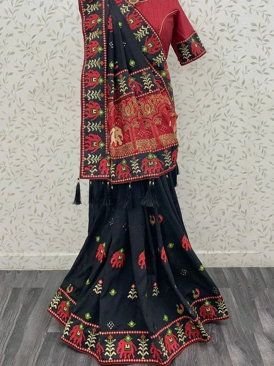 Stunning Black Kachhi Embroidery Silk Festival Panetar Saree With Blouse