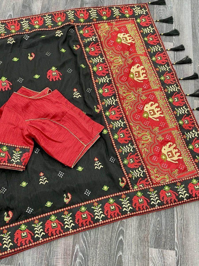 Stunning Black Kachhi Embroidery Silk Festival Panetar Saree With Blouse