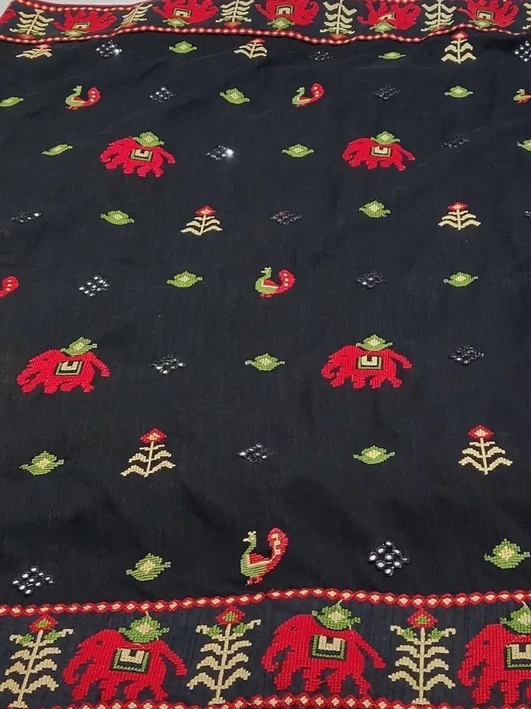 Stunning Black Kachhi Embroidery Silk Festival Panetar Saree With Blouse