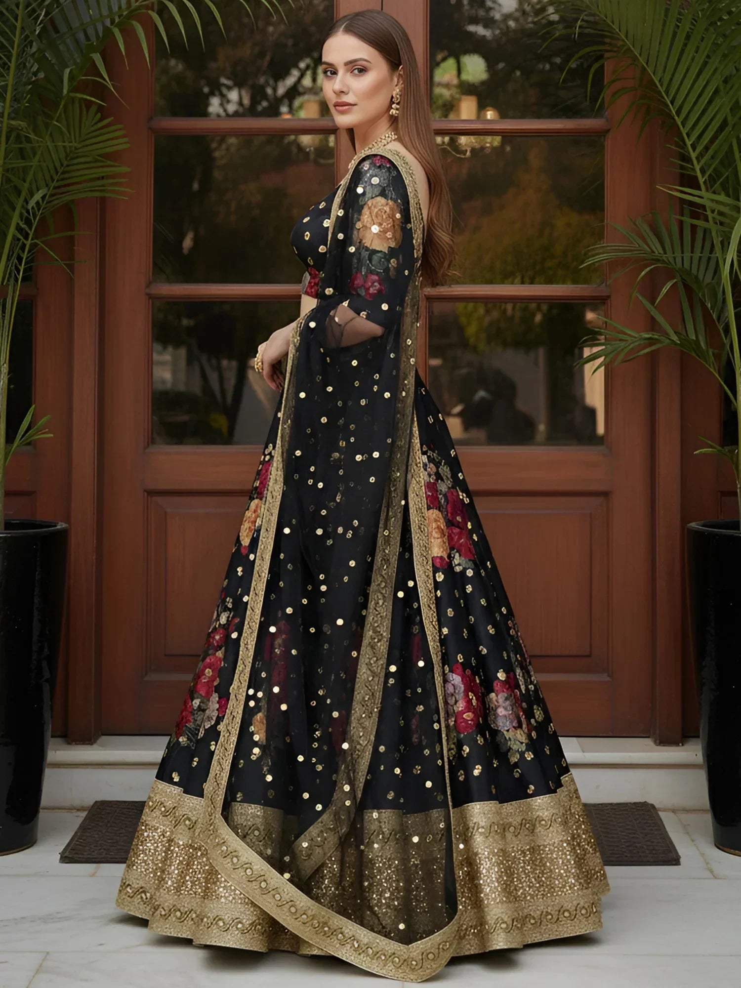 Lovable Black Floral Printed Silk Reception Wear Lehenga Choli With Dupatta