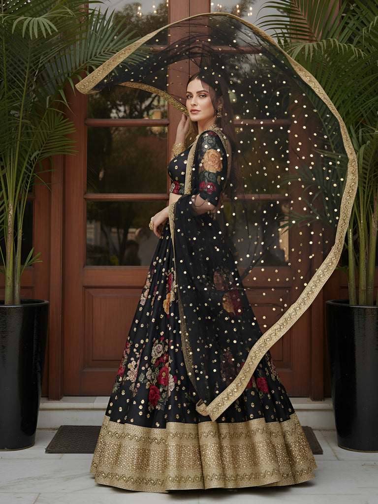 Lovable Black Floral Printed Silk Reception Wear Lehenga Choli With Dupatta