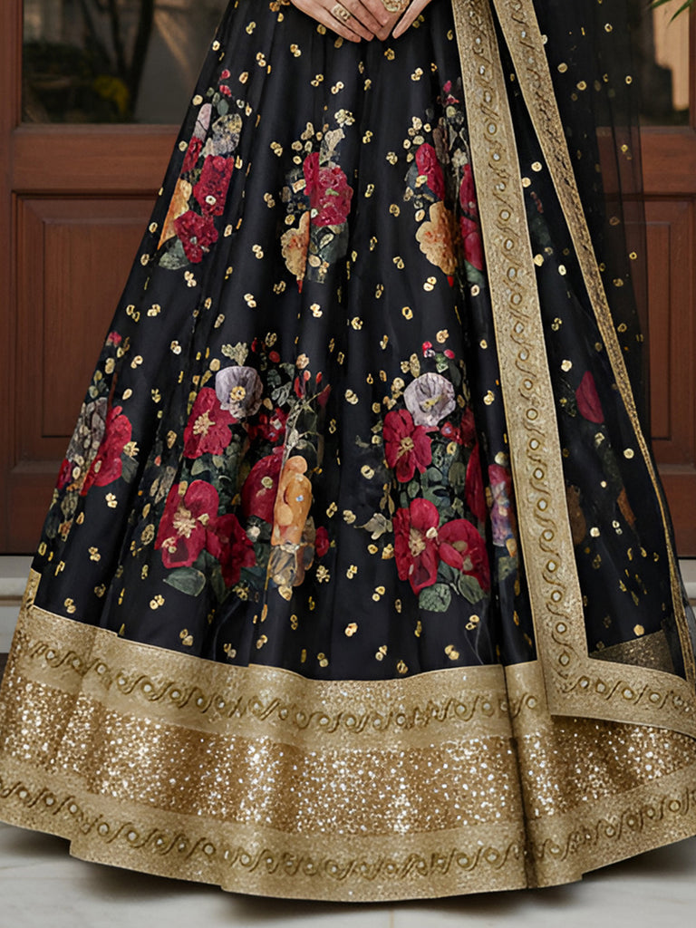 Lovable Black Floral Printed Silk Reception Wear Lehenga Choli With Dupatta