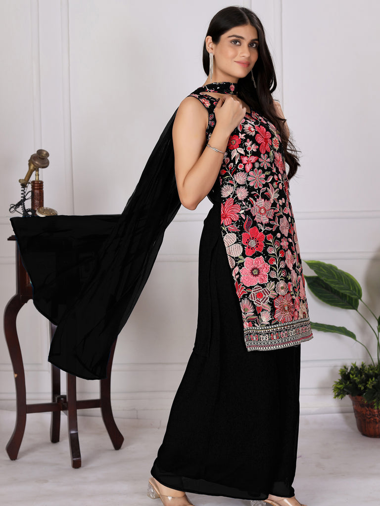 Gorgeous Black Embroidered Georgette Festive Wear Palazzo Suit