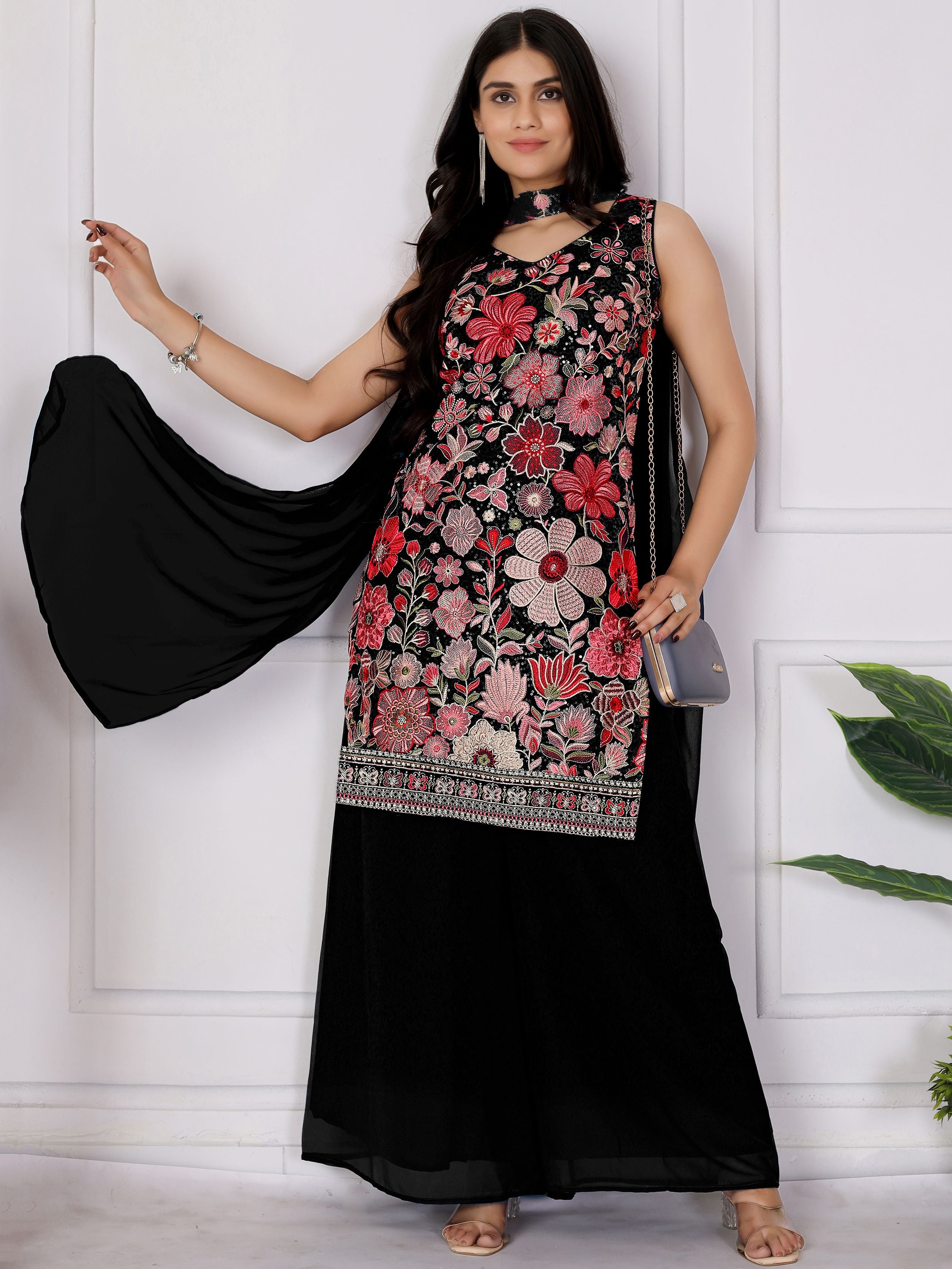 Gorgeous Black Embroidered Georgette Festive Wear Palazzo Suit