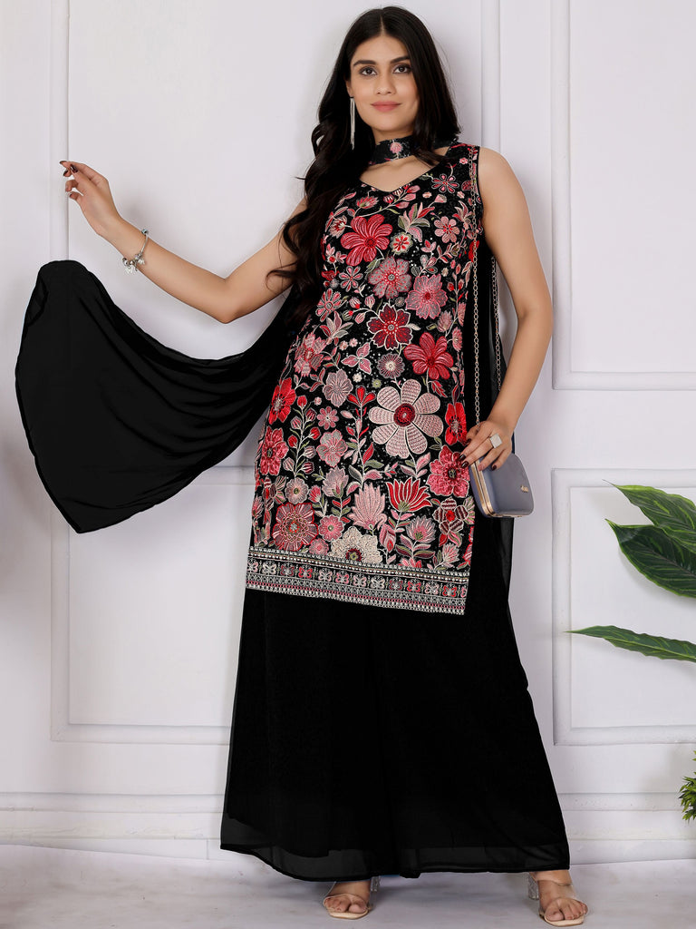 Gorgeous Black Embroidered Georgette Festive Wear Palazzo Suit