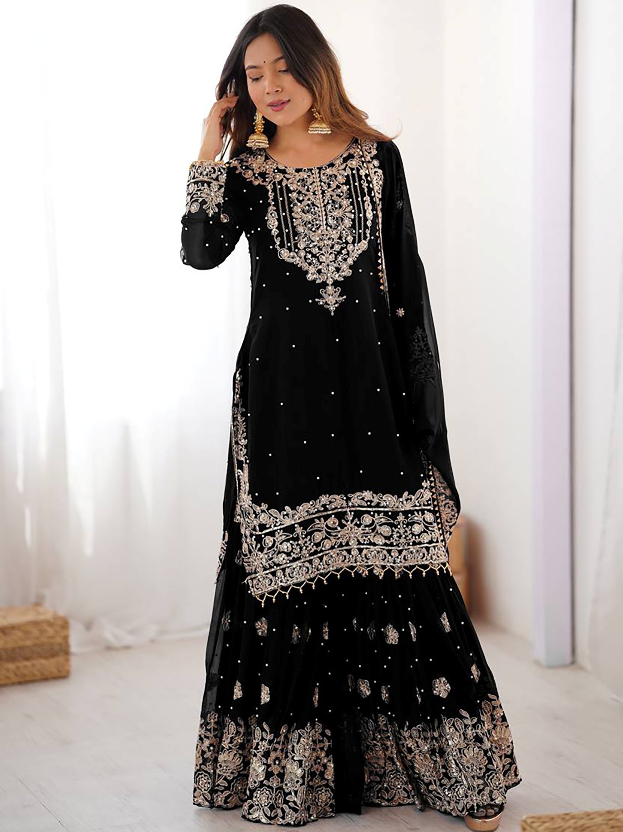 Attractive Black Embroidered Georgette Festival Wear Sharara Suit
