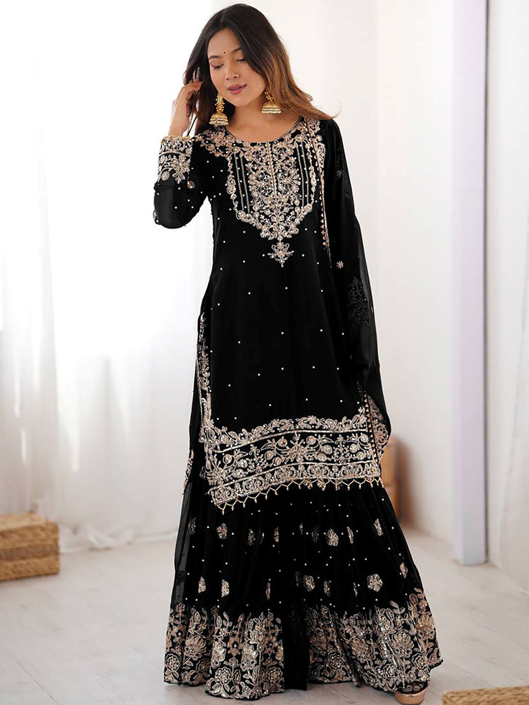 Attractive Black Embroidered Georgette Festival Wear Sharara Suit