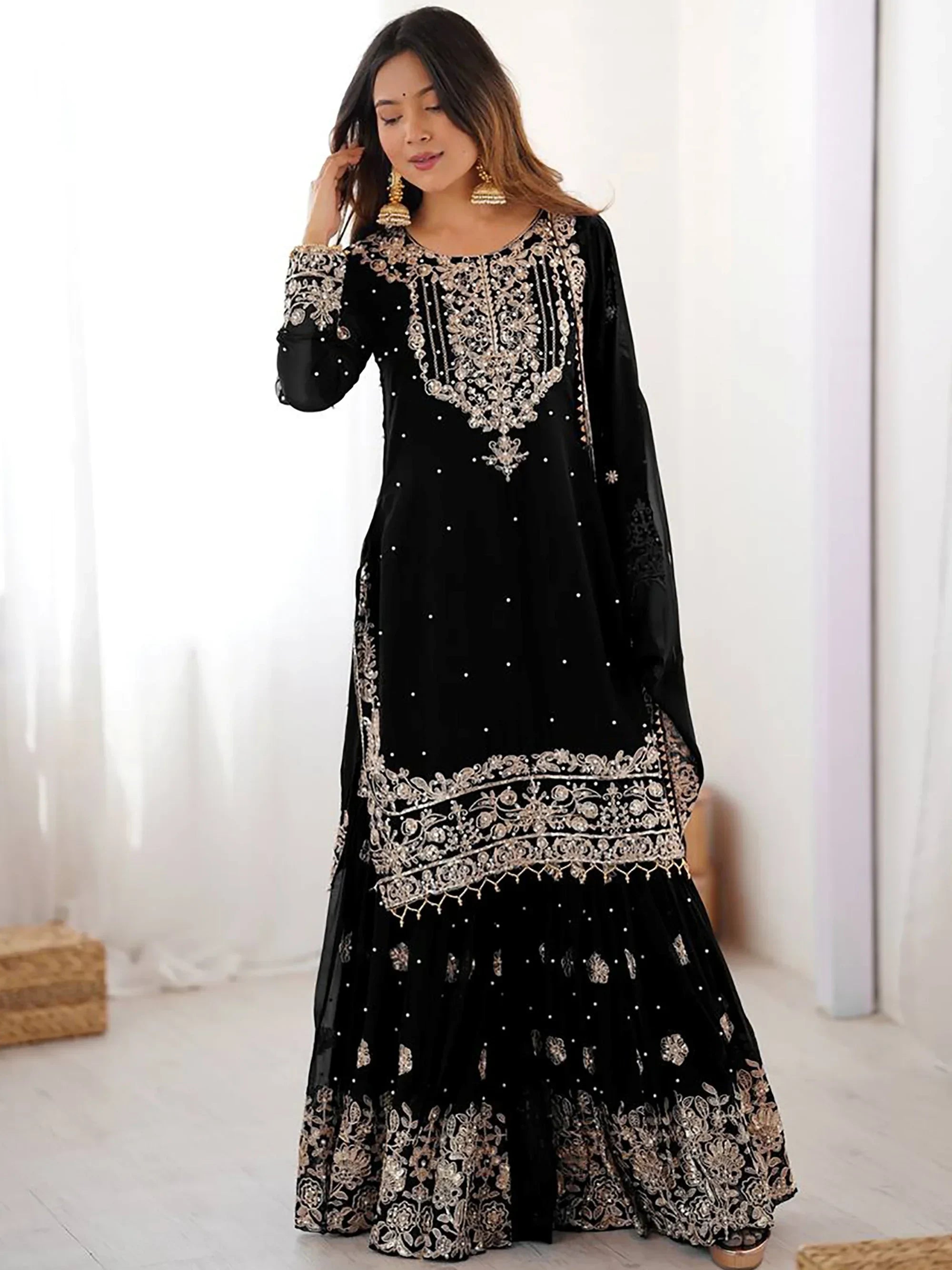 Attractive Black Embroidered Georgette Festival Wear Sharara Suit