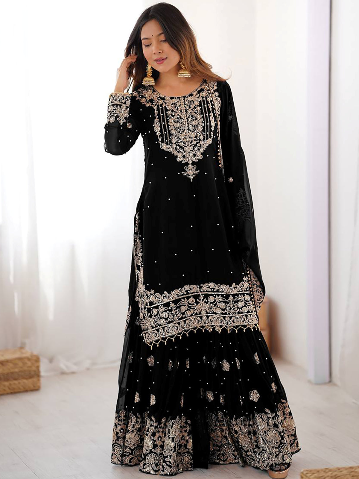 Attractive Black Embroidered Georgette Festival Wear Sharara Suit