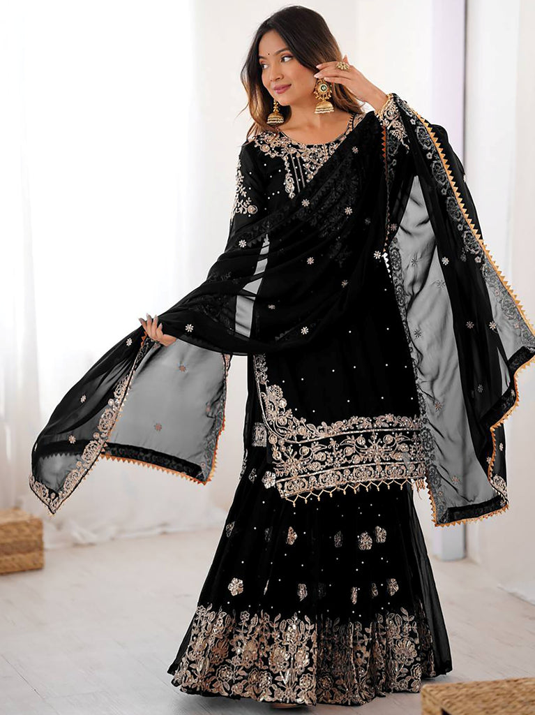 Attractive Black Embroidered Georgette Festival Wear Sharara Suit