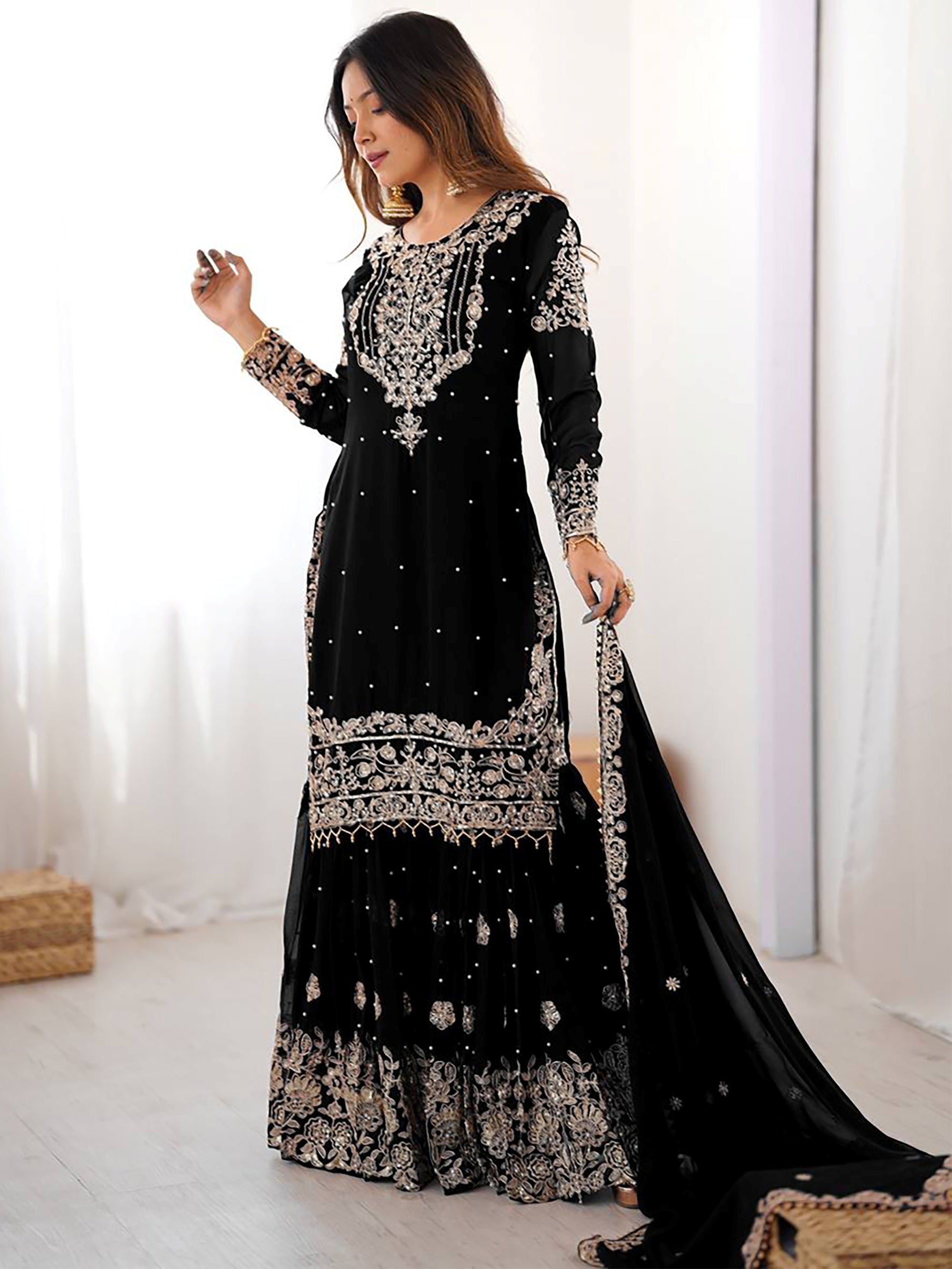 Attractive Black Embroidered Georgette Festival Wear Sharara Suit