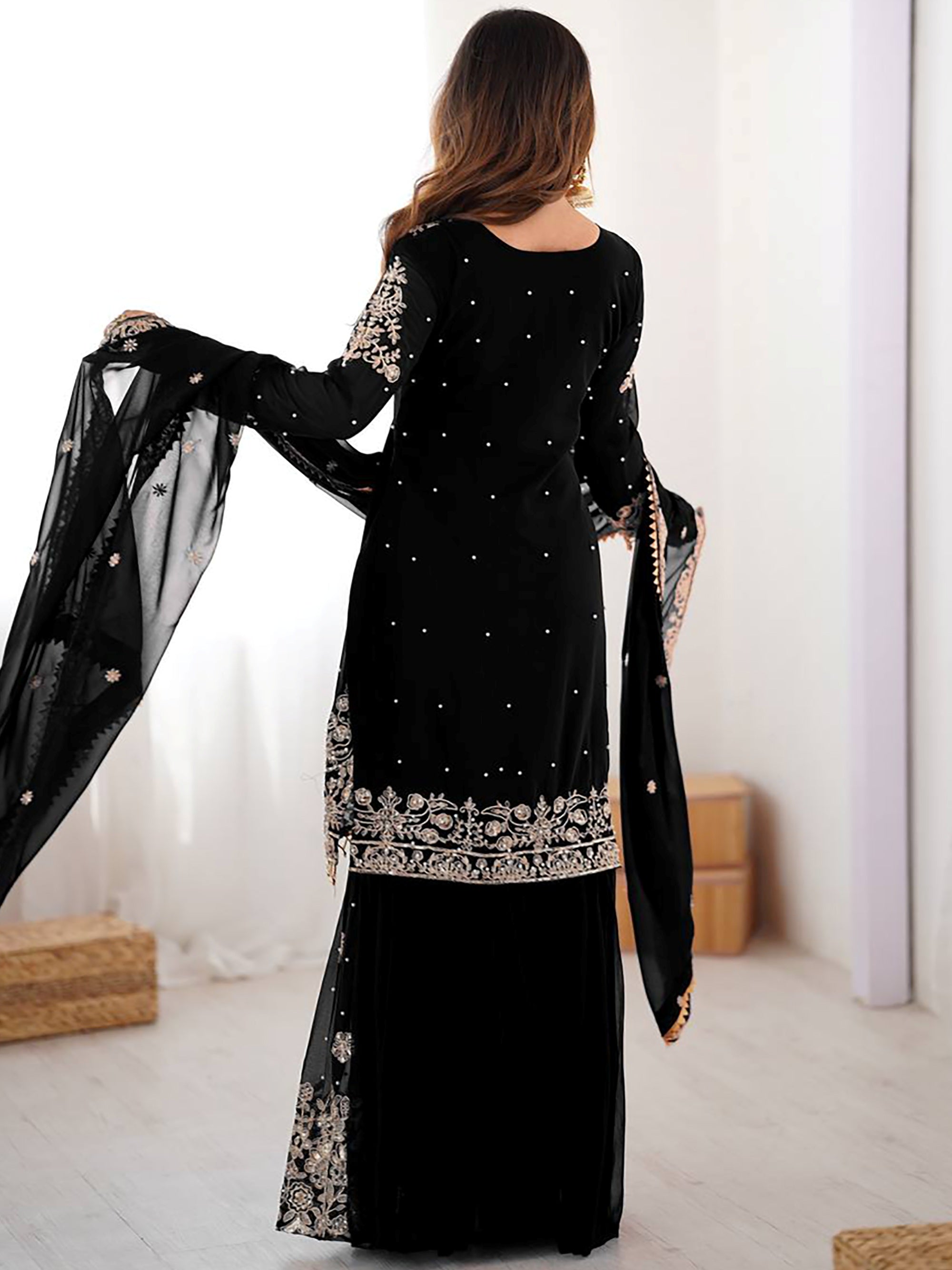 Attractive Black Embroidered Georgette Festival Wear Sharara Suit