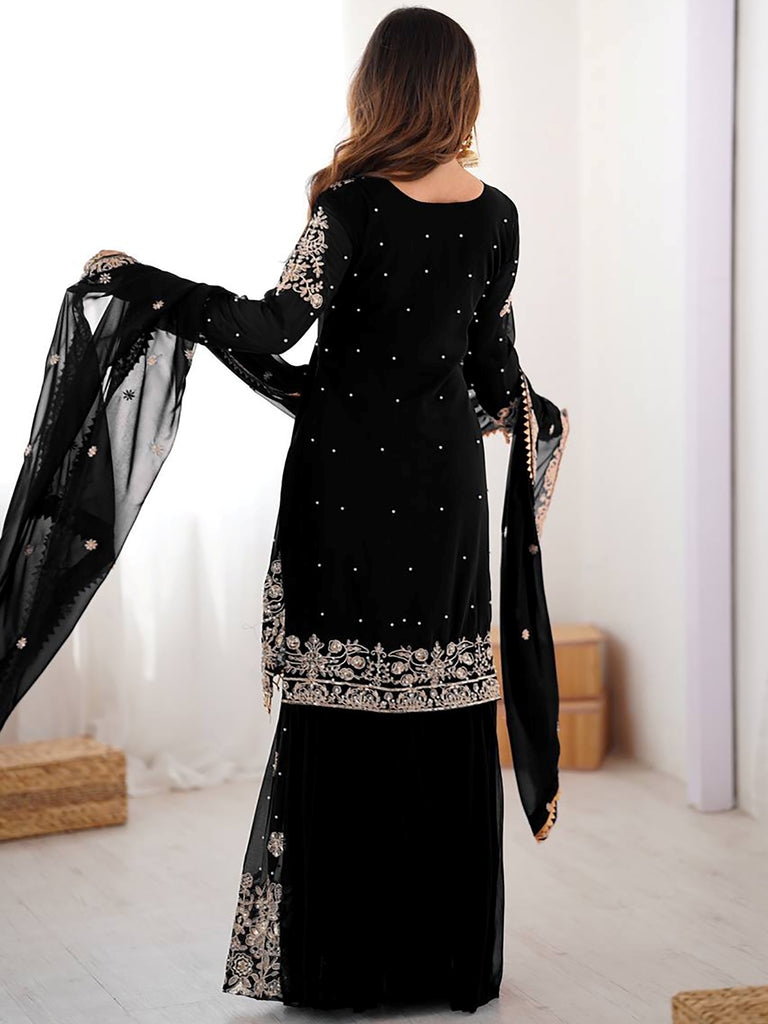Attractive Black Embroidered Georgette Festival Wear Sharara Suit