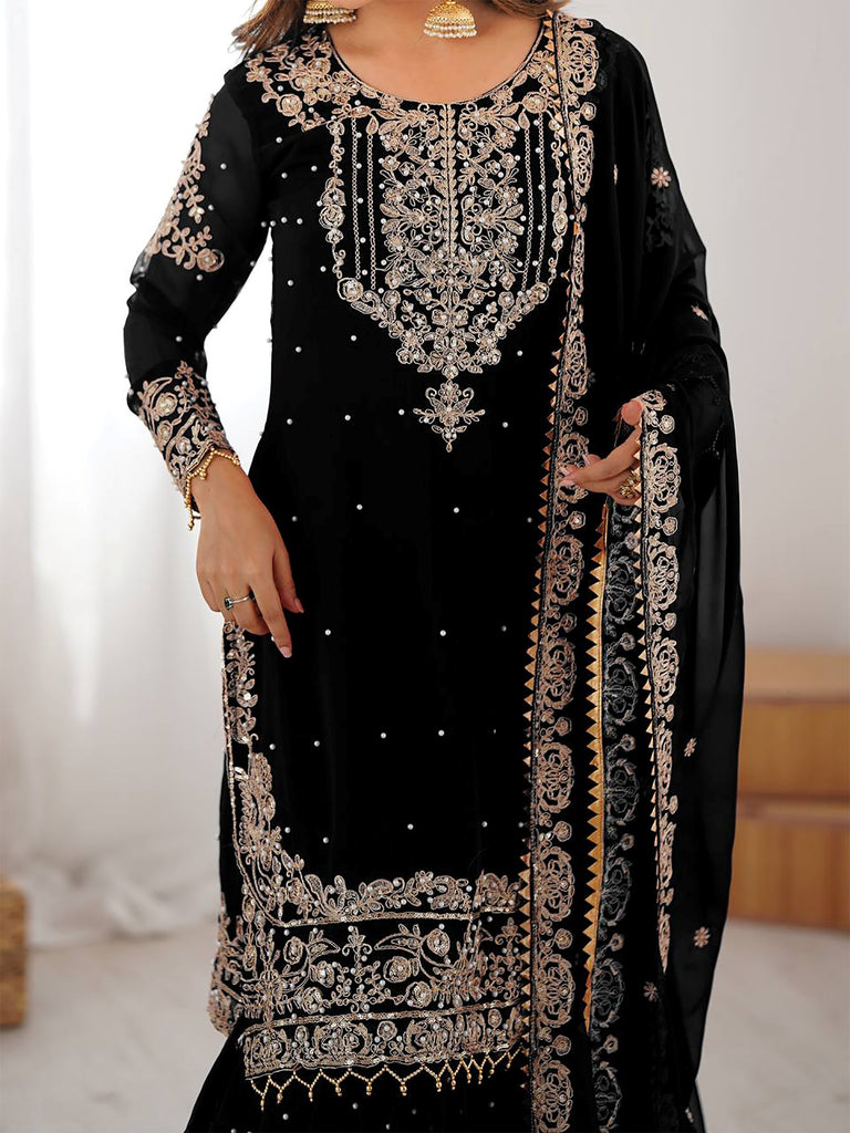 Attractive Black Embroidered Georgette Festival Wear Sharara Suit