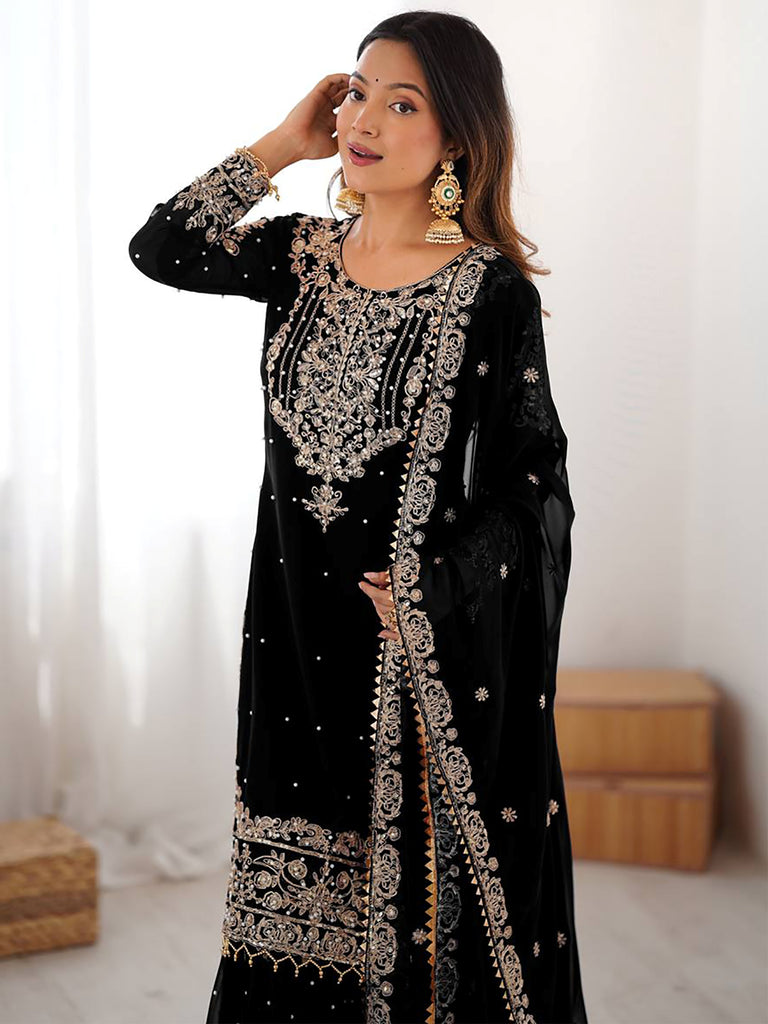 Attractive Black Embroidered Georgette Festival Wear Sharara Suit