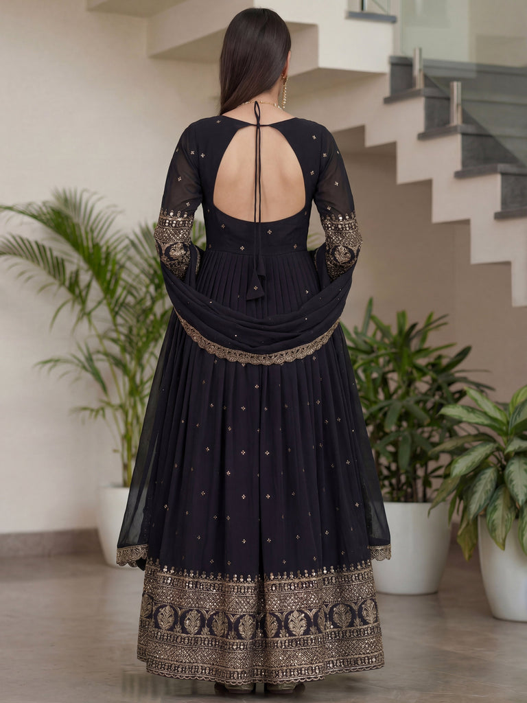 Captivating Black Sequins Silk Festive Wear Gown With Dupatta 