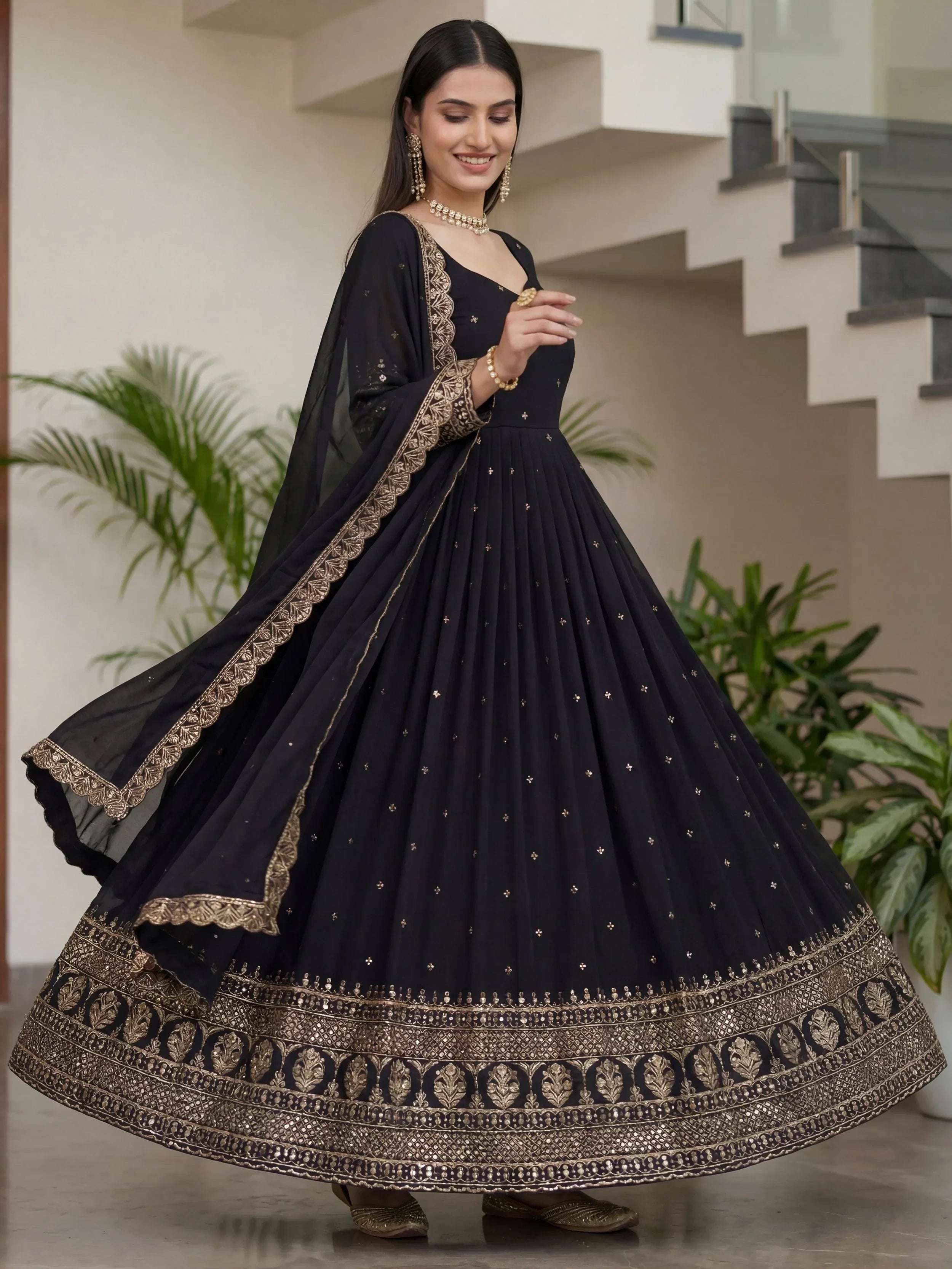 Captivating Black Sequins Silk Festive Wear Gown With Dupatta 