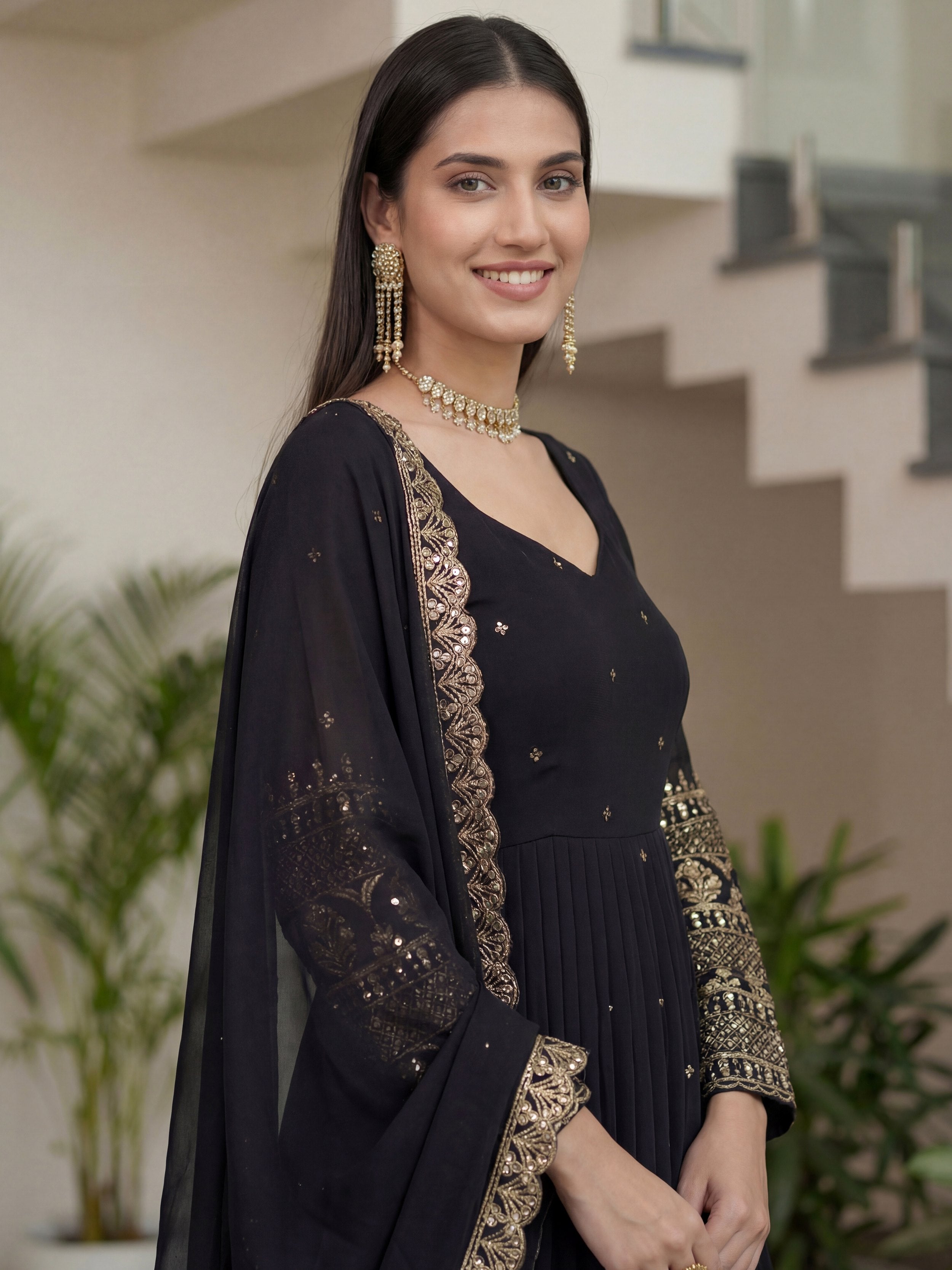 Captivating Black Sequins Silk Festive Wear Gown With Dupatta 