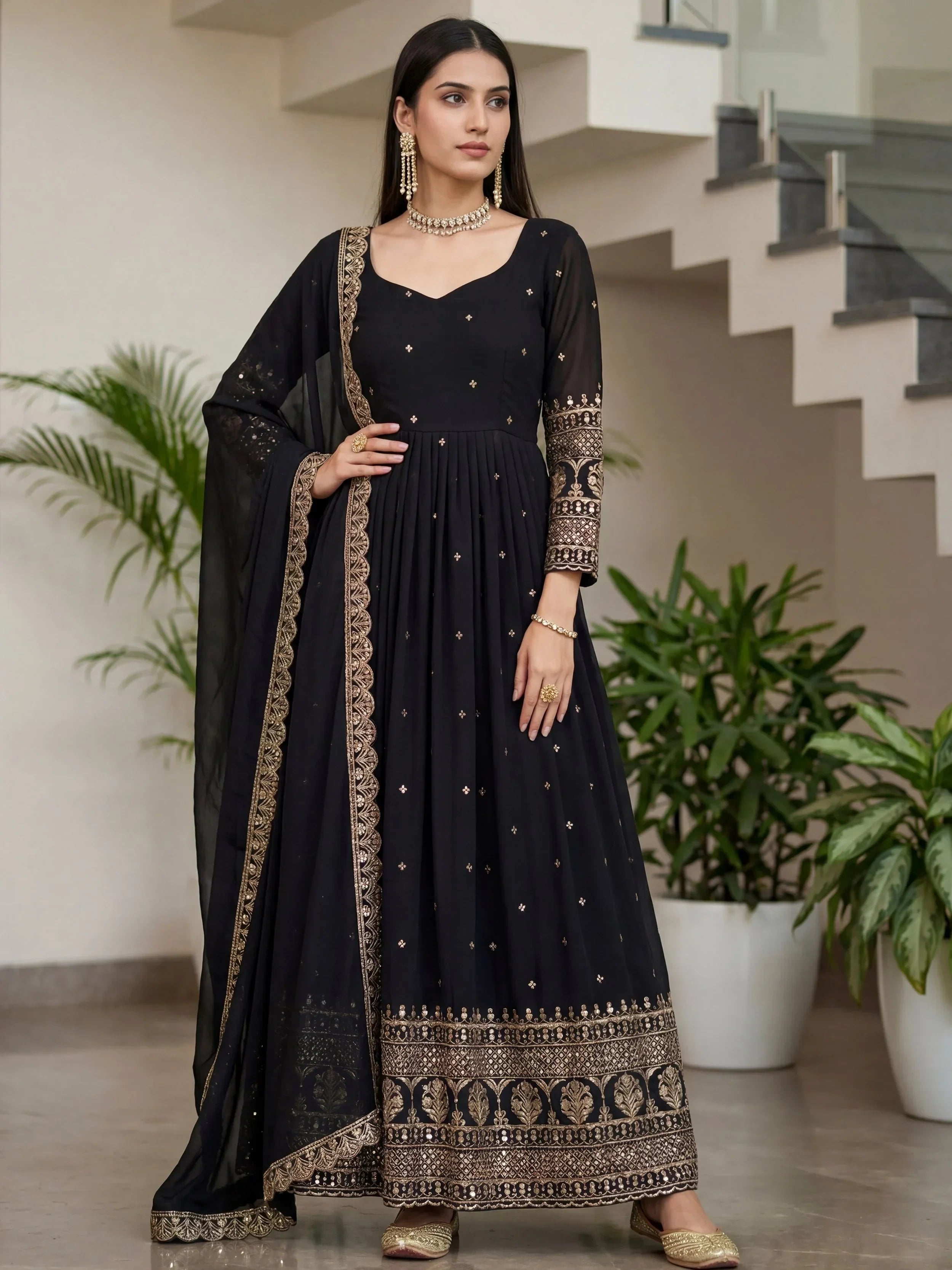 Captivating Black Sequins Silk Festive Wear Gown With Dupatta 