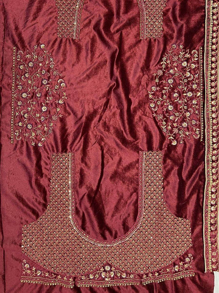 Gorgeous Maroon Embroidered Bridal Velvet Lehenga Choli