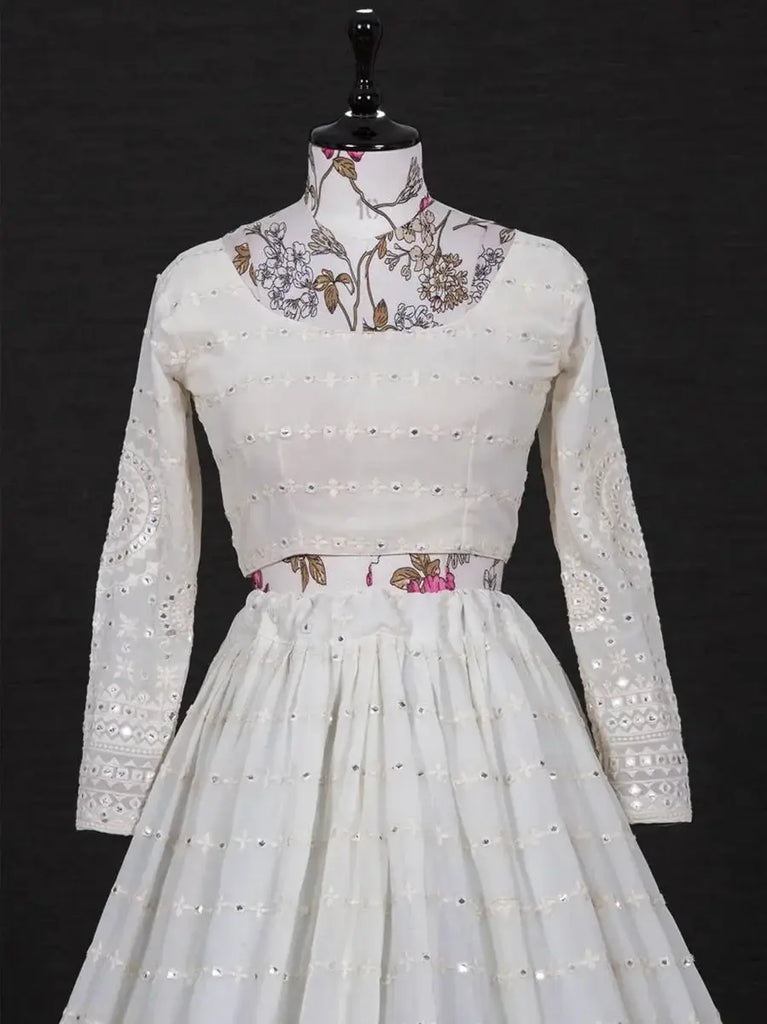 Marvelous White Lucknowi Georgette Lehenga Choli With Multi Color Dupatta
