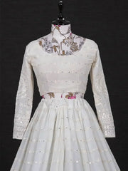 Marvelous White Lucknowi Georgette Lehenga Choli With Multi Color Dupatta