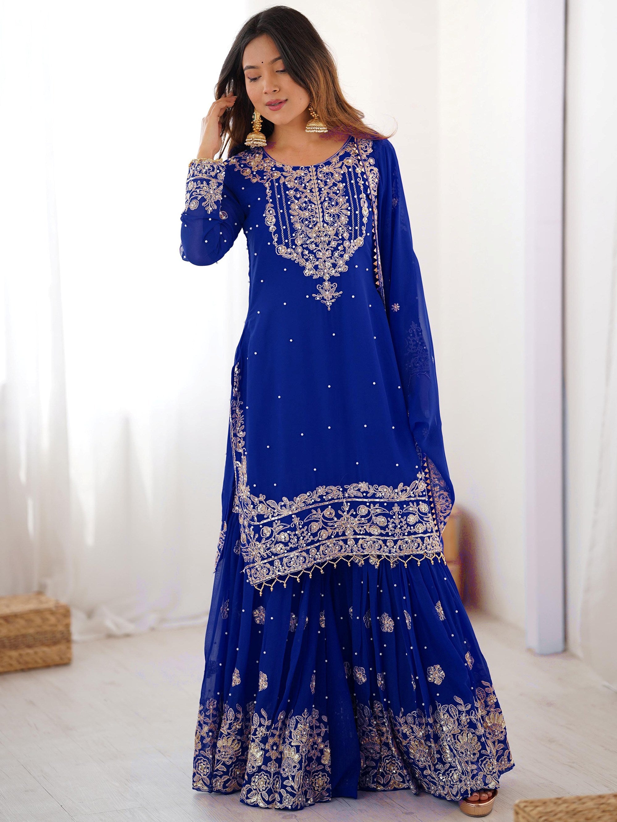 Awesome Blue Embroidered Georgette Wedding Wear Sharara Suit 