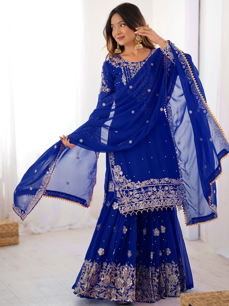 Awesome Blue Embroidered Georgette Wedding Wear Sharara Suit 