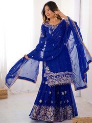 Awesome Blue Embroidered Georgette Wedding Wear Sharara Suit 