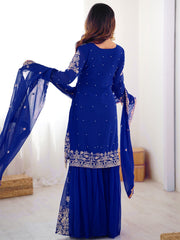 Awesome Blue Embroidered Georgette Wedding Wear Sharara Suit 