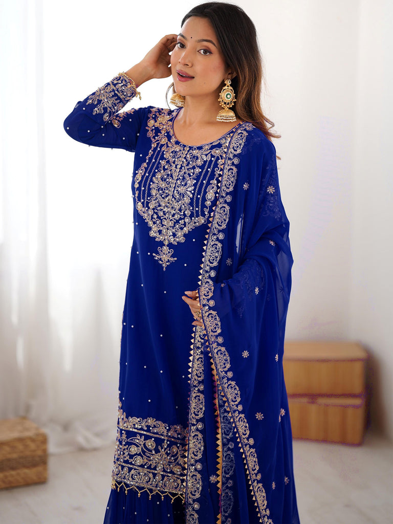 Awesome Blue Embroidered Georgette Wedding Wear Sharara Suit 